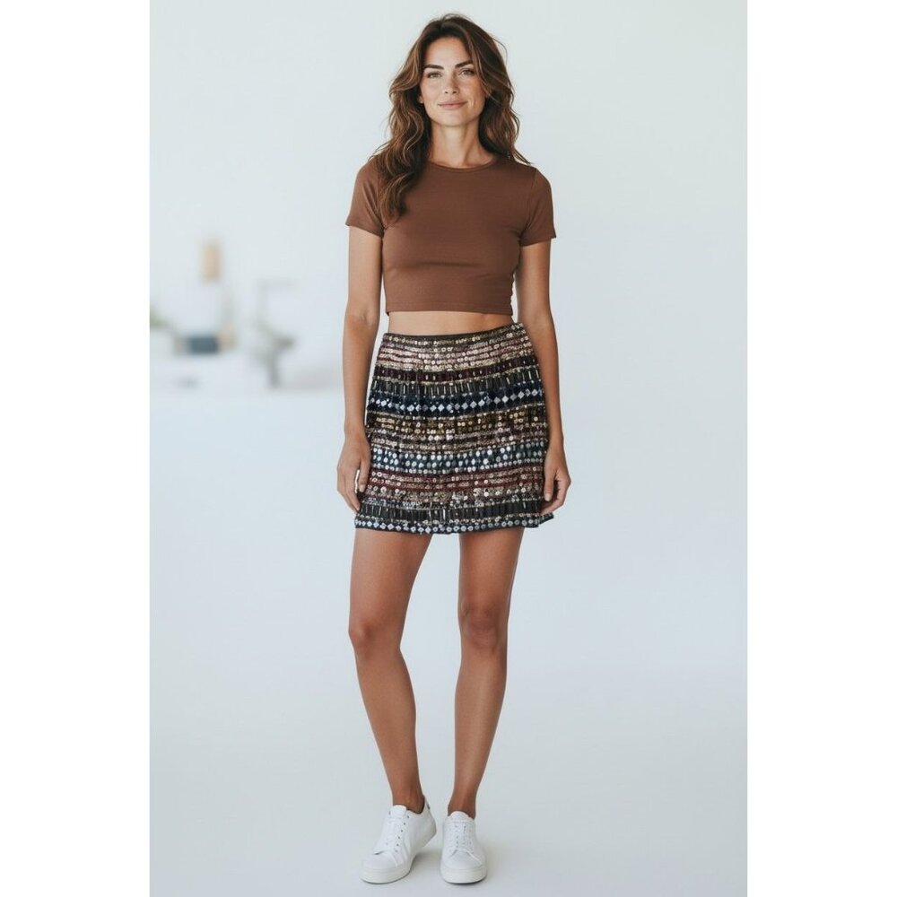 Romeo & Juliet Embellished Mini Skirt Womens Small Brown Boho-Glam Maximalist